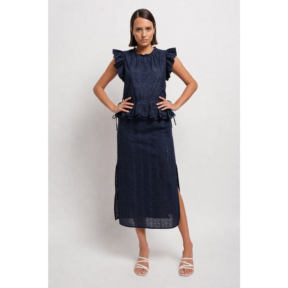 Katharine Kidd Navy Blue Eyelet Maxi Dress XS Flora Ruffle Sleeve Pockets Slits